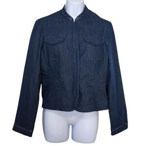 Work To Weekend Womens Denim Blazer Size 10 Blue High Beaded Neck Clasp Front